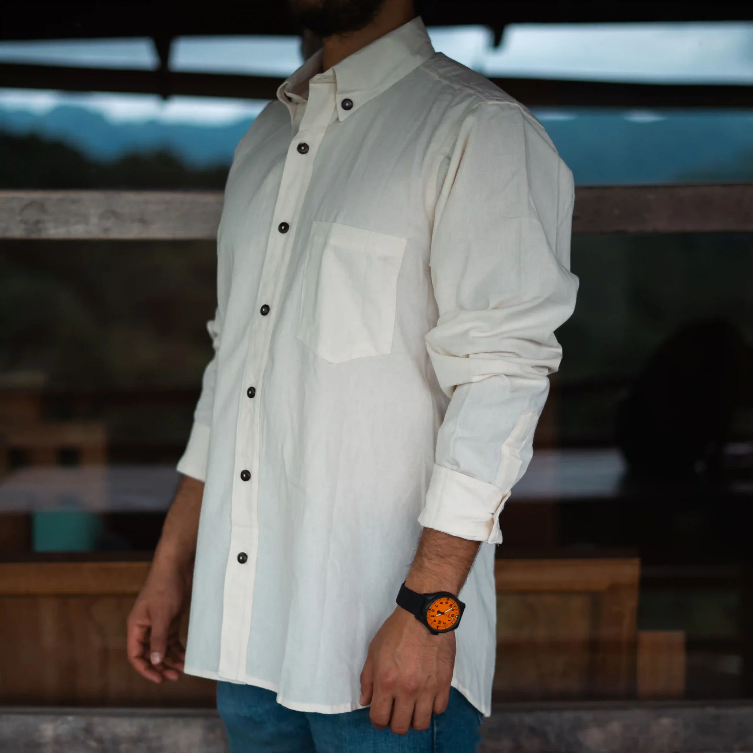 Camisa de manta cuello sport con botones hombre – algodón 100% natural – TZIN